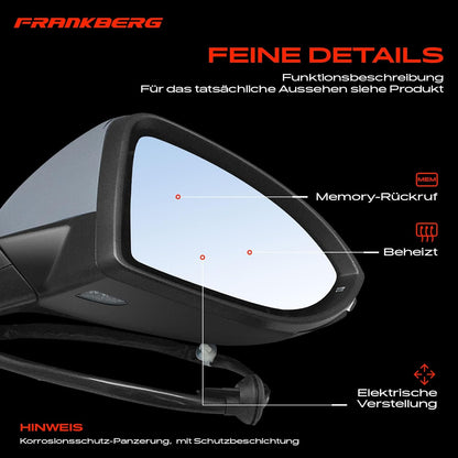 Frankberg Elektrische buitenspiegel, buitenspiegel, rechts, 11-polig, verwarmbaar en platformverlichting en geheugen, compatibel met Golf VII 5G1, BE1, BE2, BQ1 2012-2021, vervanging # 5G1857508AF9B9