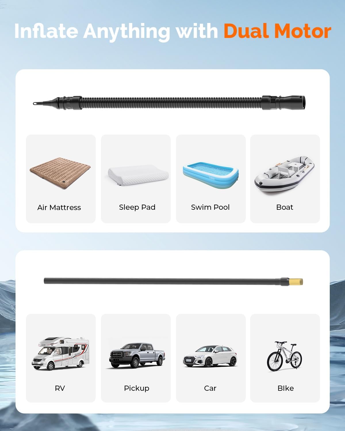Luchtcompressor – Bandenpomp – Luchtpomp – Fietspomp – Draagbare Compressor – Draadloos Met 19200mAh Accu – 100% Duty Cycle Met Dubbel Cilindersysteem - QUORE