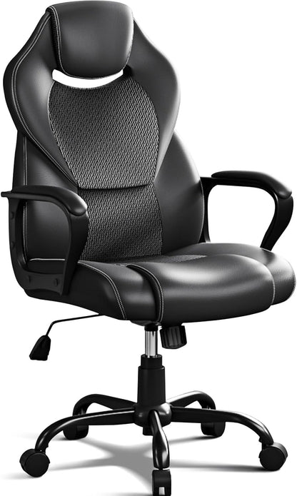 BASETBL Bureaustoel, directiestoel, 150 kg, bureaustoel, bureaustoel, gamingstoel, ergonomisch PU-leer, pc-stoel, draaistoel met zachte gevoerde armleuningen, kantelfunctie, zwart