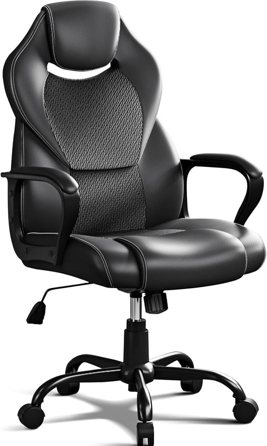 BASETBL Bureaustoel, directiestoel, 150 kg, bureaustoel, bureaustoel, gamingstoel, ergonomisch PU-leer, pc-stoel, draaistoel met zachte gevoerde armleuningen, kantelfunctie, zwart