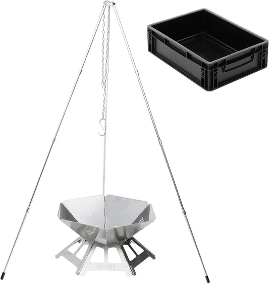 BOXIO - Vuurbundel: roestvrijstalen vuurschaal met grillrooster en driepoot - octagon vuurkorf outdoor & camping grill, kleine vuurschaal met vonkbescherming, mini-vuurkorfset voor tuin en kampvuur