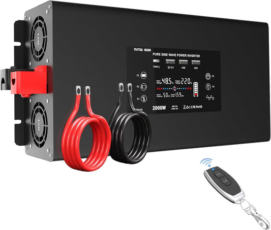 DATOUBOSS Omvormer 48v naar 230v Zuivere Sinus 2000W/4000W Spanningsomvormer Stroomomvormers met LCD, 2×EU Stopcontacten, 2×USB, QC3.0-poort, Type-C