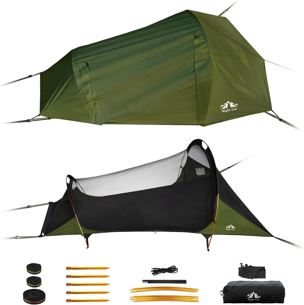 Night Cat Camping Hammock Tent: 1 Person Flat Bottom Hammock with Waterproof Mosquito Net for Bivouac Hiking Garden