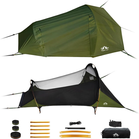Night Cat Camping Hammock Tent: 1 Person Flat Bottom Hammock with Waterproof Mosquito Net for Bivouac Hiking Garden
