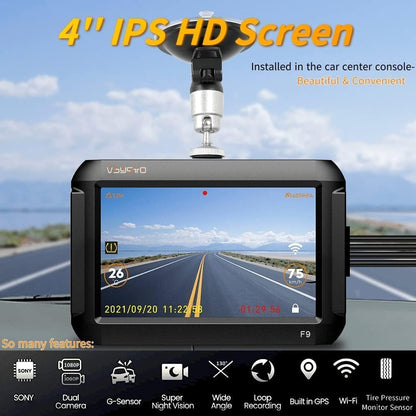 Auto Dashcam – Dashboardcamera – Autocamera – Rijregistratiecamera – Camera Voor Auto – Dubbele Voor- En Achtercamera Met 4 Inch Scherm – 1080P Full HD En Realtime TPMS Bandenspanningsbewaking