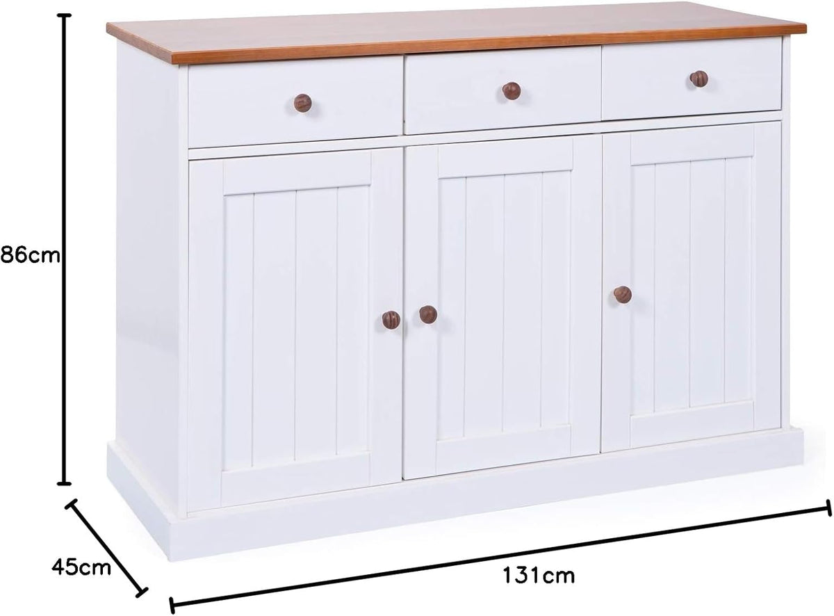 Dressoir met 3 deuren en 3 laden van water-based wit gelakt massief grenen met een bruine afwerking