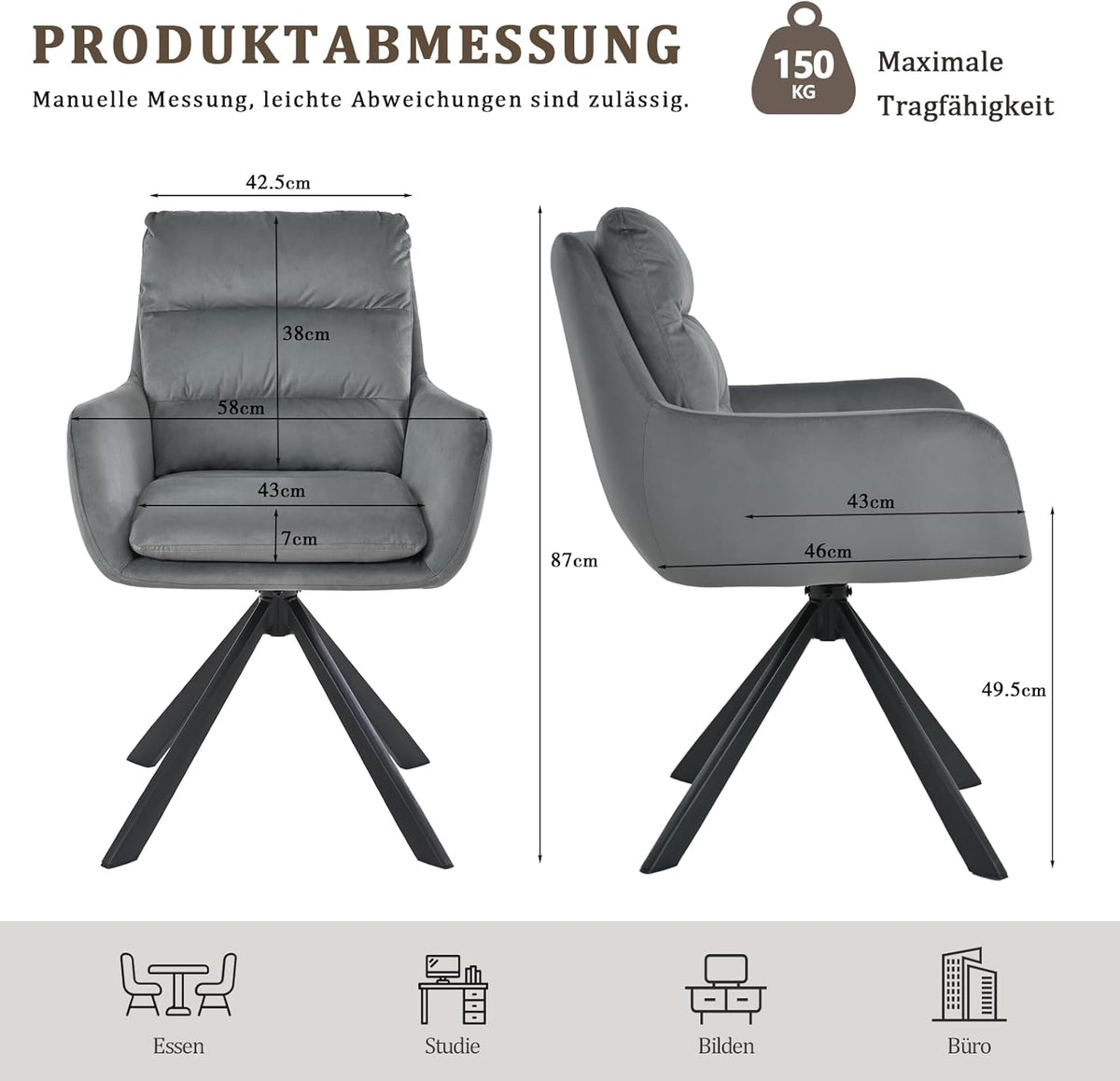 Eetkamerstoel 360° draaibaar fluweel met armleuningen, set van 1 comfortabele gevoerde keuken met dubbele rugleuning en afneembaar kussen, moderne draaistoel voor woonkamer, kantoor