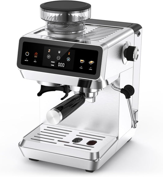 AMZCHEF Filterdragermachine, 20 bar espressomachine met maalwerk, 44 maalgraden, 4 temperatuurniveaus, Cold Brew, 1,8 l tank, espressomachine met melkopschuimer, IMD touchscreen, roestvrij staal