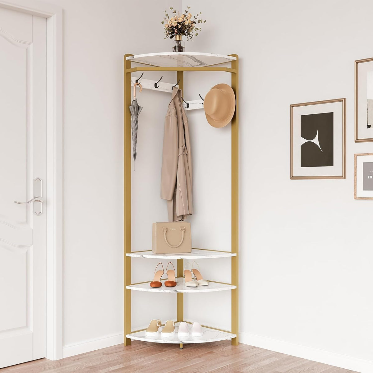 Coat Rack Corner Wardrobe Metal with 6 Double Hooks Storage Rack Shoe Rack Open Clothes Stand Hallway Rack Space Saving Industrial Design for Hallway, Living Room, Bedroom, Office, Gold - QUORE