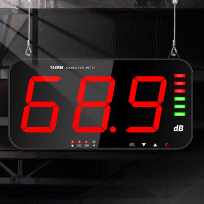 Geluidsniveaumeter, 13 inch scherm Realtime Decibelwaarden Alarmmelding Niveau weergavebalk Decibelmeter Meerdere koelpoorten Muur Opknoping Geluidsmeter voor Klaslokaal, Huis