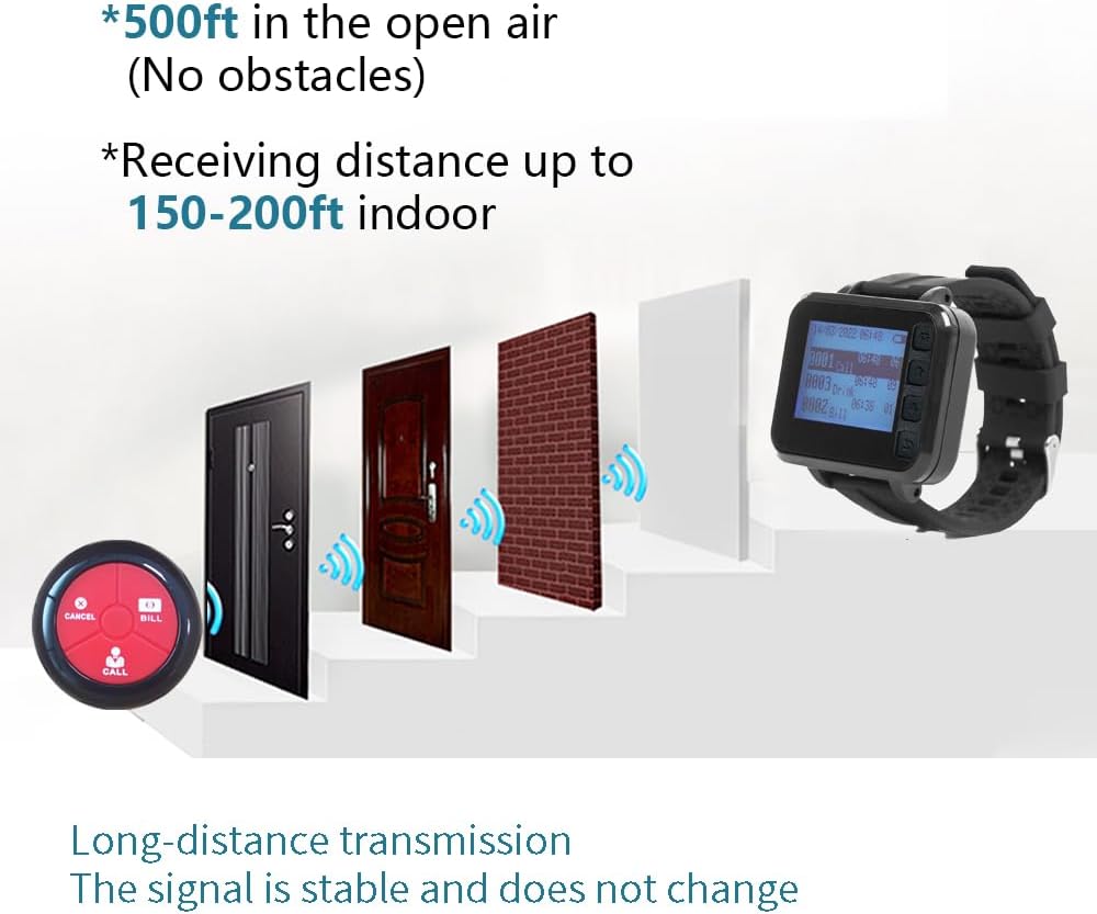 Wireless Calling System Restaurant Pagers Caregiver Pager with 10 Waterproof Call Buttons and 1 Watch Display Receiver Panic Alarm For Elderly Pager Suitable For Restaurant, Cafes, Factory - QUORE