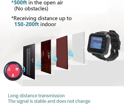 Wireless Calling System Restaurant Pagers Caregiver Pager with 10 Waterproof Call Buttons and 1 Watch Display Receiver Panic Alarm For Elderly Pager Suitable For Restaurant, Cafes, Factory - QUORE