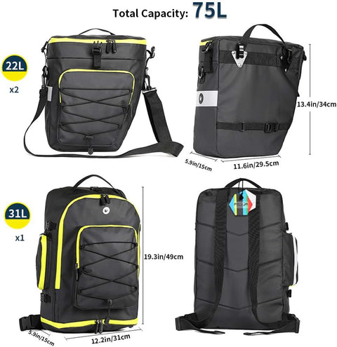 Fietstas - Fietstassen - Dubbele Fietstas - Multifunctioneel Bagagedragertas - Scheurvast - Grote Bagagetassen - met Regenhoes - 75L - PVC - Groen/Zwart