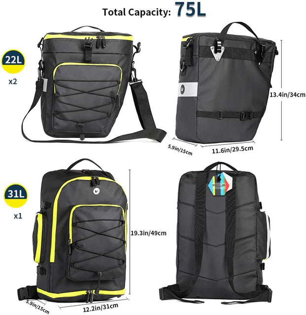 Fietstas - Fietstassen - Dubbele Fietstas - Multifunctioneel Bagagedragertas - Scheurvast - Grote Bagagetassen - met Regenhoes - 75L - PVC - Groen/Zwart