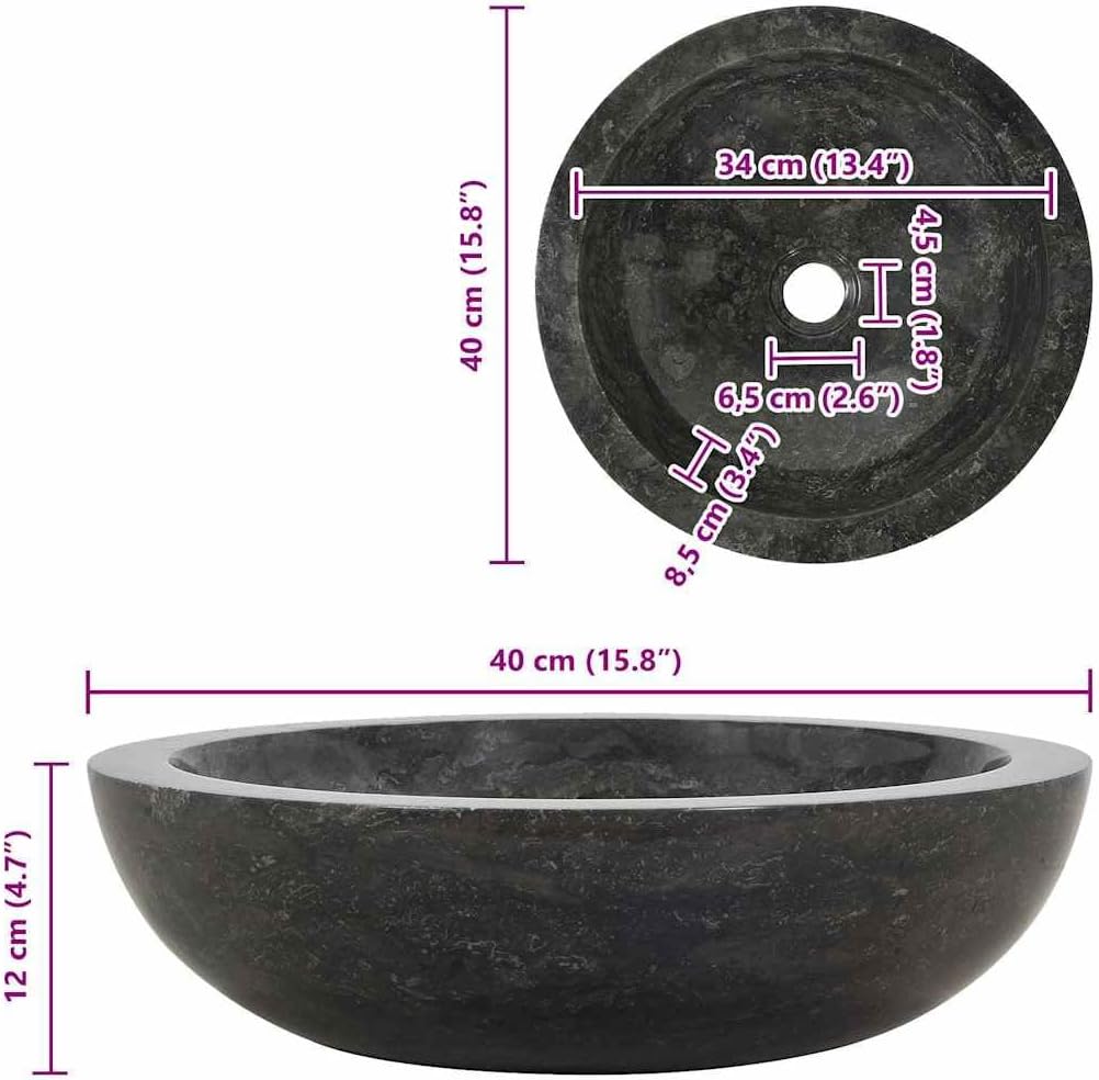 Wastafel – Wasbak – Fontein – Opzetwastafel – Zwarte Marmeren Wastafel – Handgemaakt Marmer – Diameter 40 cm – Hoogte 12 cm