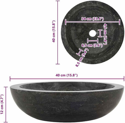 Wastafel – Wasbak – Fontein – Opzetwastafel – Zwarte Marmeren Wastafel – Handgemaakt Marmer – Diameter 40 cm – Hoogte 12 cm