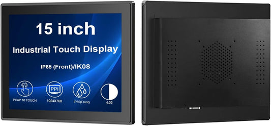 VSDISPLAY 15 inch industriële touchscreen-monitor, 1024 x 768, 350 nits, IP65 front, 10-punts touch, groot temperatuurbereik, behuizing van aluminiumlegering
