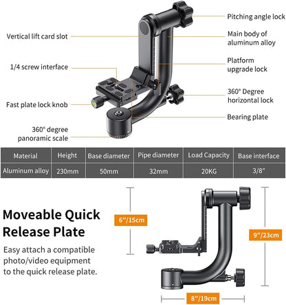 K&F Concept Panoramische statiefkop 360° van aluminium, standaard 1/4 inch snellade en waterpas, hefbereik 70 mm, belasting 20 kg, voor DSLR digitale spiegelcamera