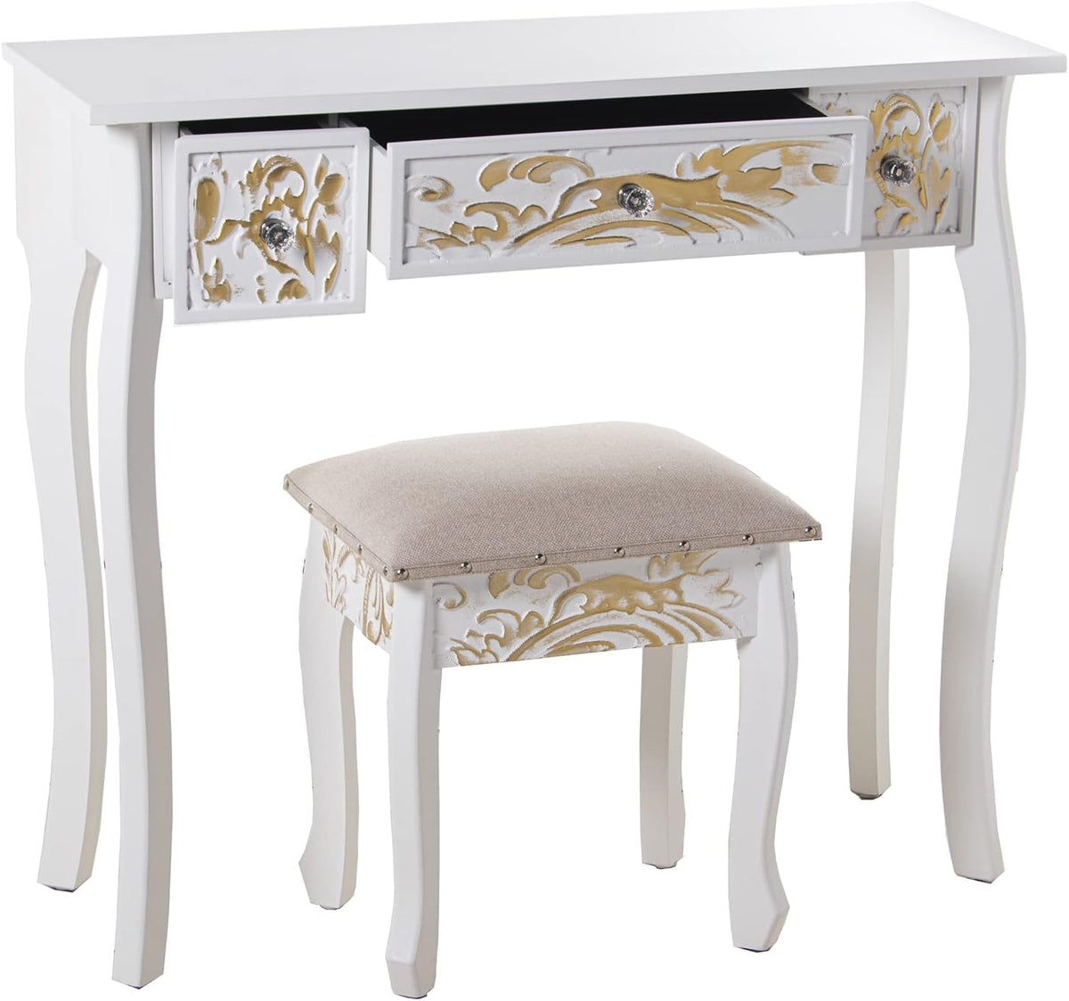 DRW Make-uptafel met 3 laden van bewerkt hout met kruk in wit en goud, 90 x 32,5 x 80 cm en kruk 40 x 34 x 43 cm
