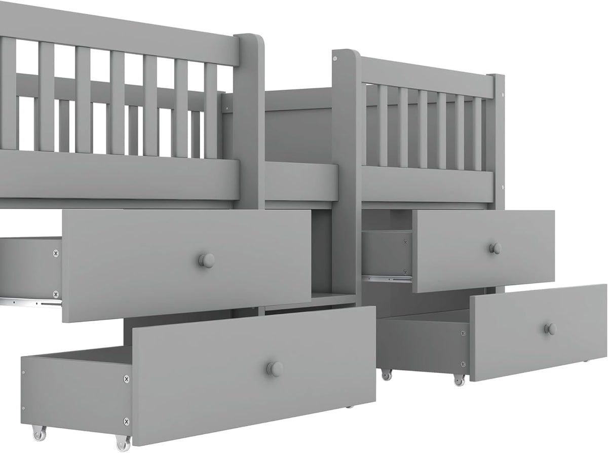 Children's Bed with Drawers, Slatted Frame, Storage and Fall Protection, Teenage Bed, Single Bed, Wooden Pine Bed (Grey, 90 x 200 cm) - QUORE