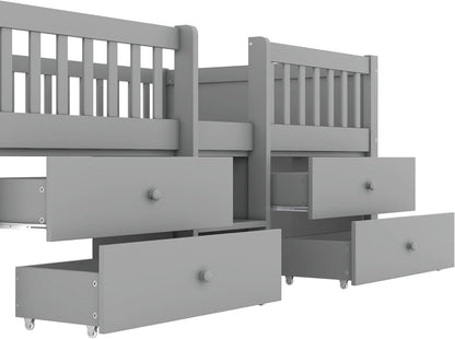 Children's Bed with Drawers, Slatted Frame, Storage and Fall Protection, Teenage Bed, Single Bed, Wooden Pine Bed (Grey, 90 x 200 cm) - QUORE