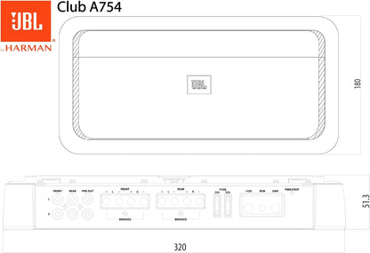JBL Club A754 4-Kanaals Auto Versterker 400W RMS Klasse H High-Performance Car Audio Upgrade Bridgeable 2 of 3 Kanaals Modus Variabele Crossovers Speaker-Level Ingang Compact Design Zwart