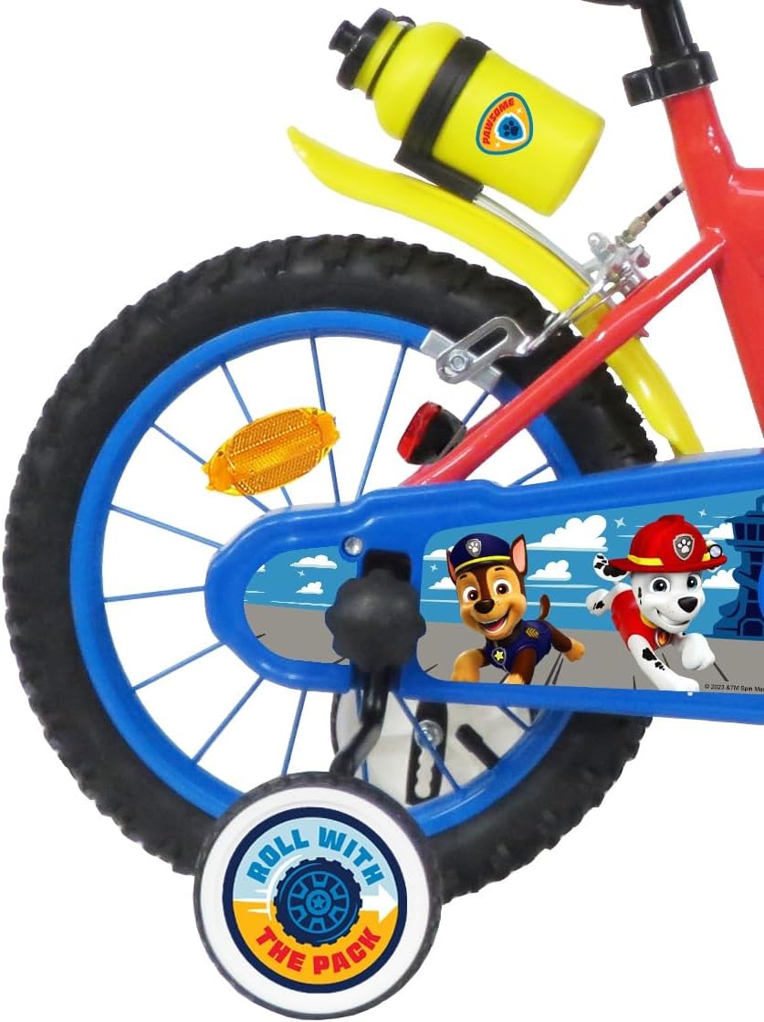 Paw Patrol kinderfiets, 14 inch, uitgerust met 2 remmen, decoratieve voorplaat, achterjerrycan en Paw Patrol-helm inbegrepen voor jongens, rood, 14