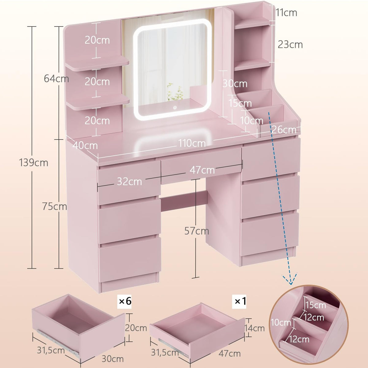 Devoko Large Dressing Table with Adjustable LED Lights and Drawer, Makeup Table with Mirror, Makeup Table with 7 Drawers, 4Open Storage Shelves, Modern Bedroom Furniture for Girls,110 x 40cm(Pink) - QUORE