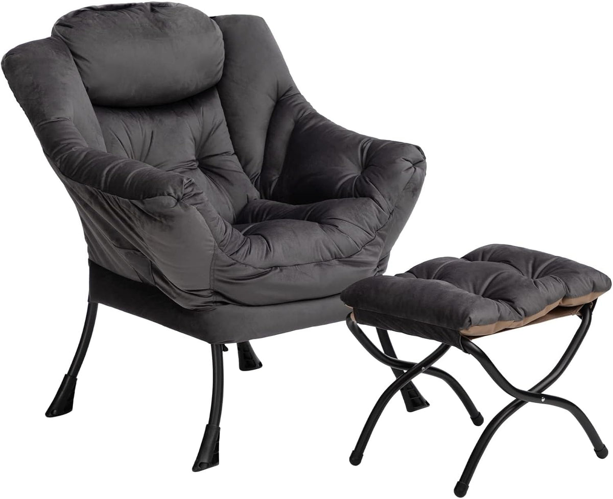 HollyHOME Relax Fauteuil met Voetenbank Woonkamer Stoel Slaapkamer Stoel Lounge Stoel met Armleuningen Leesstoel Accentstoel met Stalen Frame, Donkergrijs