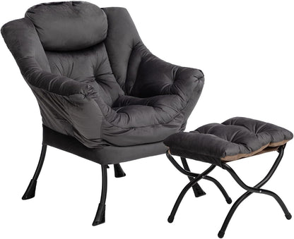 HollyHOME Relax Fauteuil met Voetenbank Woonkamer Stoel Slaapkamer Stoel Lounge Stoel met Armleuningen Leesstoel Accentstoel met Stalen Frame, Donkergrijs