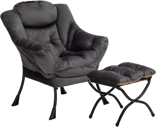 HollyHOME Relax Fauteuil met Voetenbank Woonkamer Stoel Slaapkamer Stoel Lounge Stoel met Armleuningen Leesstoel Accentstoel met Stalen Frame, Donkergrijs