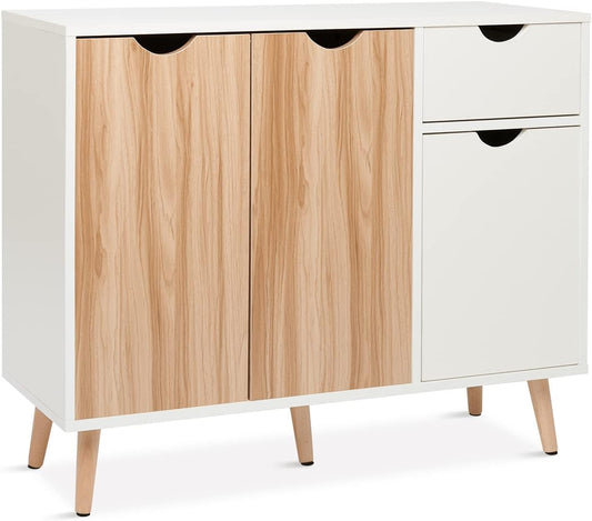 Mondeer Commode, dressoir hout met 1 lade en 3 deuren voor woonkamer slaapkamer hal, wit en natuur 90 x 30 x 73 cm