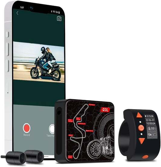 VSYSTO WiFi Motorfiets Dashcam, OLED Display Kabelcontroller, Hoge Snelheid Video Download, Waterdichte 1080P Voor- en Achtercamera, Temperatuurweergave, Fouttrillingswaarschuwing (Q3L)