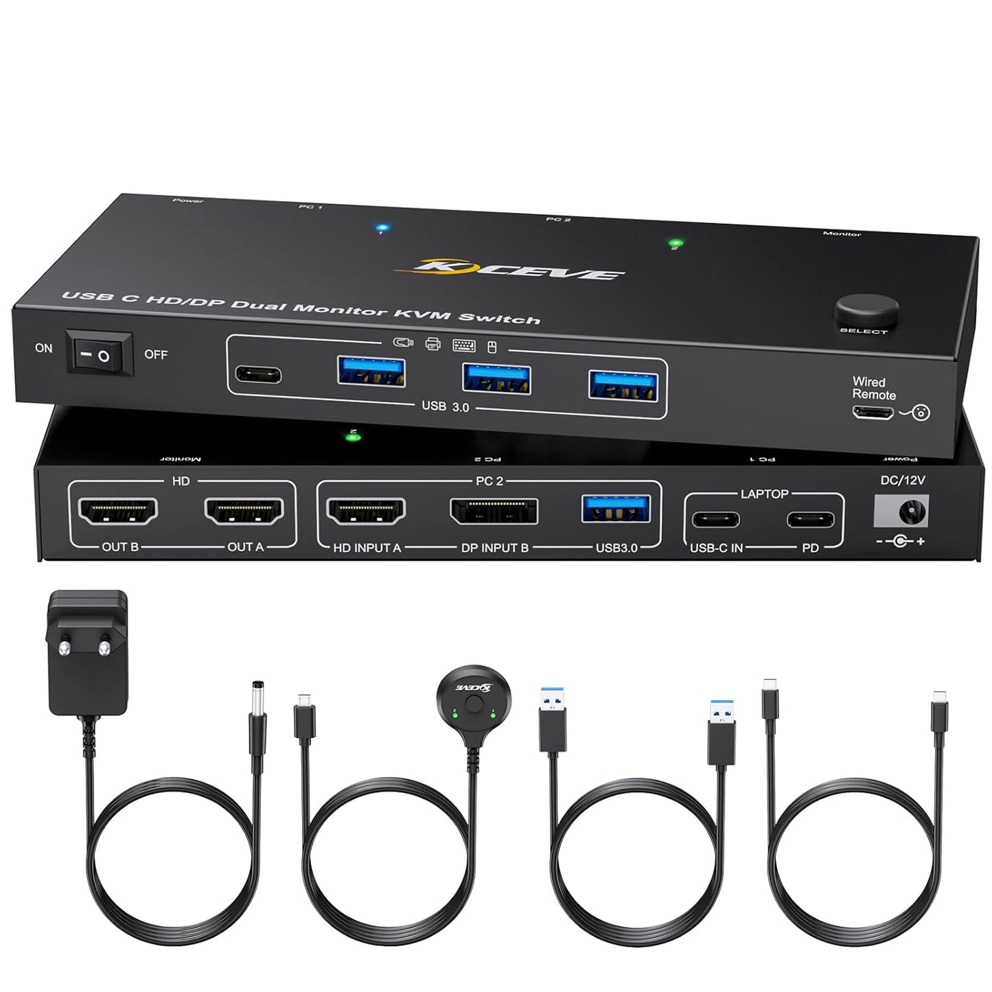 KVM Switch 2 PC 2 monitoren USB C, KVM Switch Dual Monitor voor Laptop & PC, USB 3.0 MST Dual 4K @60Hz, PD 60W voor laptop, HDMI DP KVM-switches USB C, met bedrade afstandsbediening