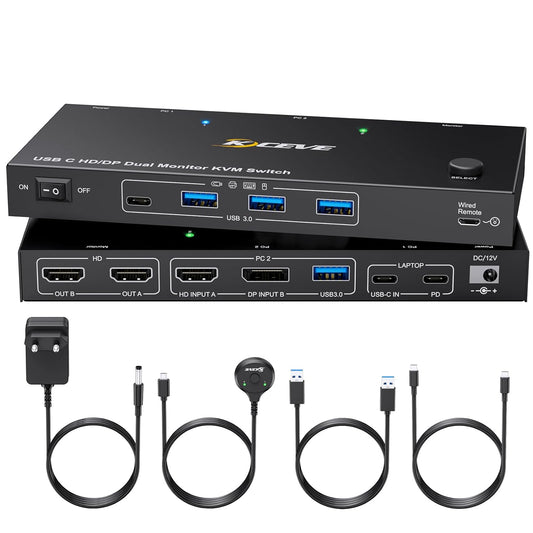 KVM Switch 2 PC 2 monitoren USB C, KVM Switch Dual Monitor voor Laptop & PC, USB 3.0 MST Dual 4K @60Hz, PD 60W voor laptop, HDMI DP KVM-switches USB C, met bedrade afstandsbediening