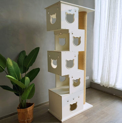 Krabpaal – Kattenkrabmeubel – Kattenklimtoren – Kattenboom – Kattenspeelmeubel – Wit Houtdesign – 200 cm Natuurlijk Sisal