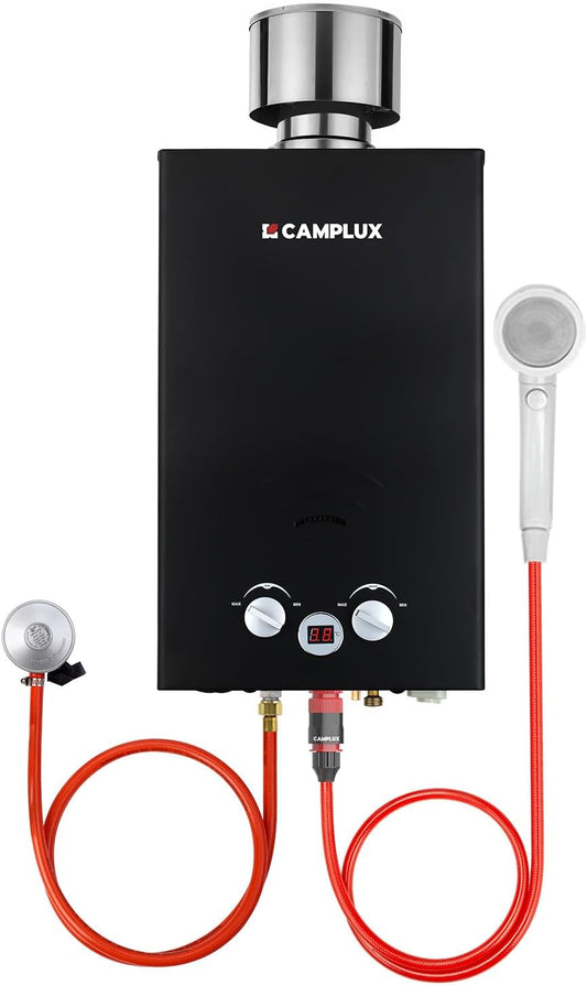 Camplux BW264BC 10 l gasboiler met regendeksel, gar-standaard, CE-gecertificeerd, voor kamperen, campers, paardenwassen