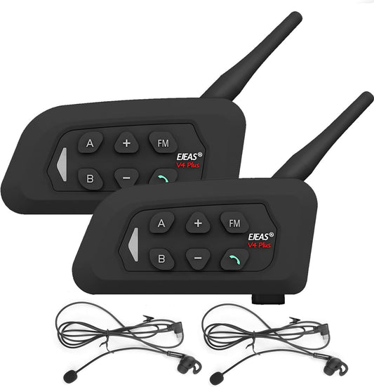 EJEAS V4C Bluetooth intercom headset, waterdicht, communicatiesysteem voor 4 personen, binnen bereik van 1500 m, motorhelm, intercominstallatie, compatibel met EUC-afstandsbediening, USB-C (2 stuks)