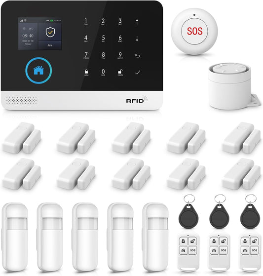 WIFI + GSM Home Security alarmsysteemkit DIY met PIR-detector, afstandsbedieningen, deur-/raamsensor compatibel met Alexa, geen maandelijkse kosten