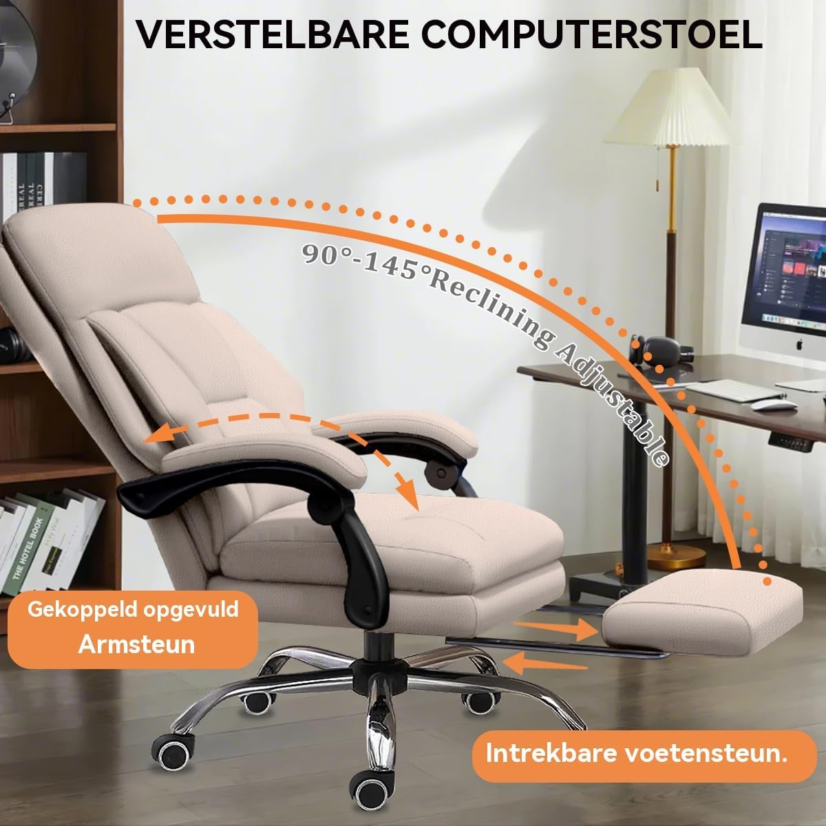 Ergonomische Bureaustoel – Bureaustoel Verstelbaar – Directiestoel – Computerstoel – Werkstoel – Hoogwaardige Kunstleren Bekleding – Uitschuifbare Voetensteun – Max. 150 kg Draagvermogen