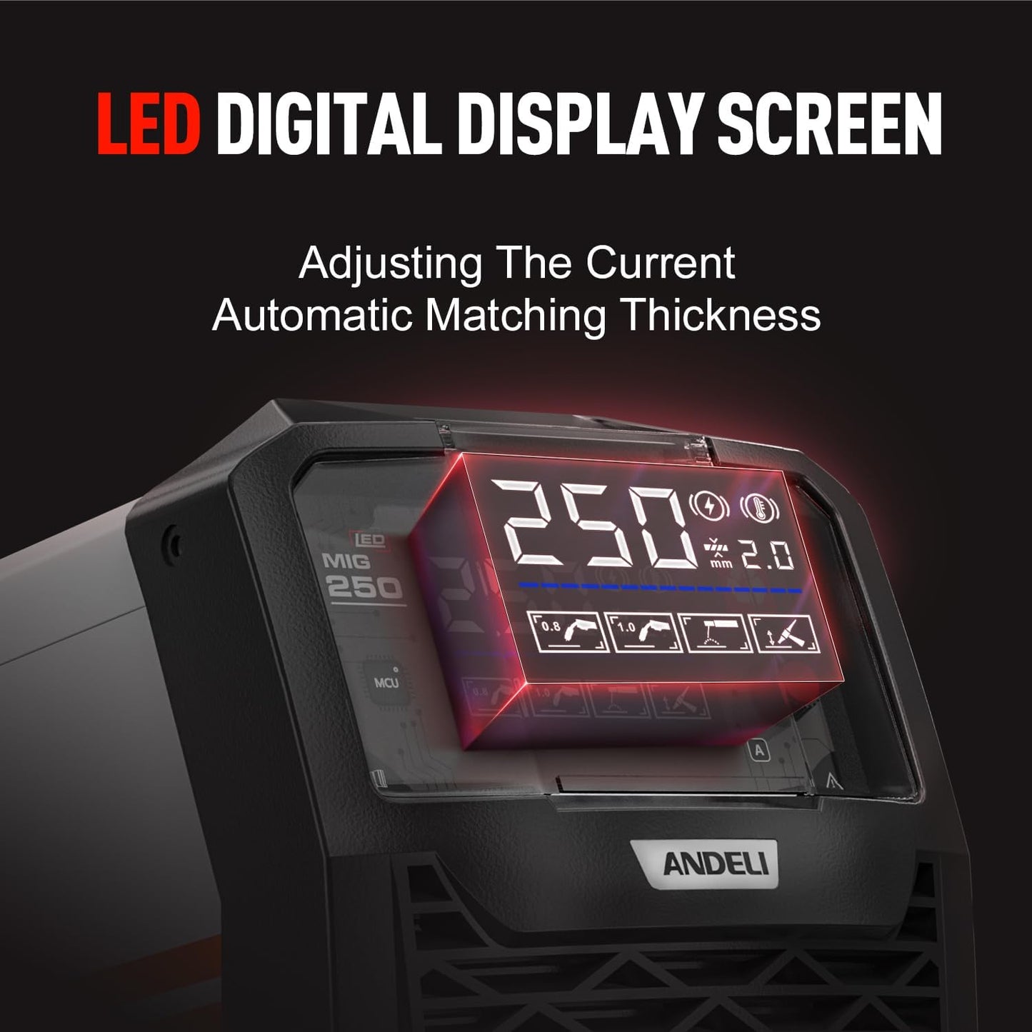 ANDELI MIG lasapparaat 135 A, IGBT omvormer 110 V/220 V, multiproces (MIG Flux/TIG heffen/stick), zonder gas, model MIG-250ME met led-display.