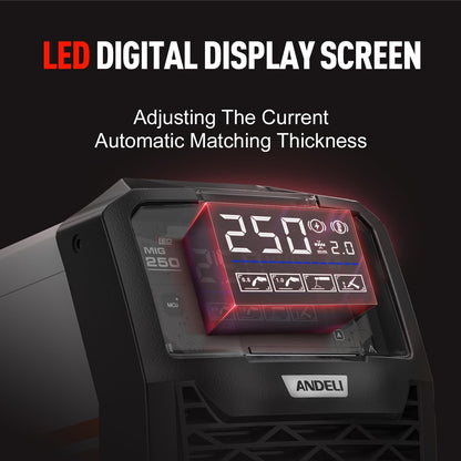 ANDELI MIG lasapparaat 135 A, IGBT omvormer 110 V/220 V, multiproces (MIG Flux/TIG heffen/stick), zonder gas, model MIG-250ME met led-display.