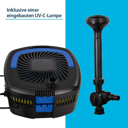 AquaForte GFU-6011 fonteinpomp + 11W UV-C, vermogen 57W, max. opvoerhoogte 2,5 M, max. debiet 2,5 m3 per uur, max. vijvergrootte 5 m3, 13/19/25 mm aansluiting, max. druk 2 bar, helder water