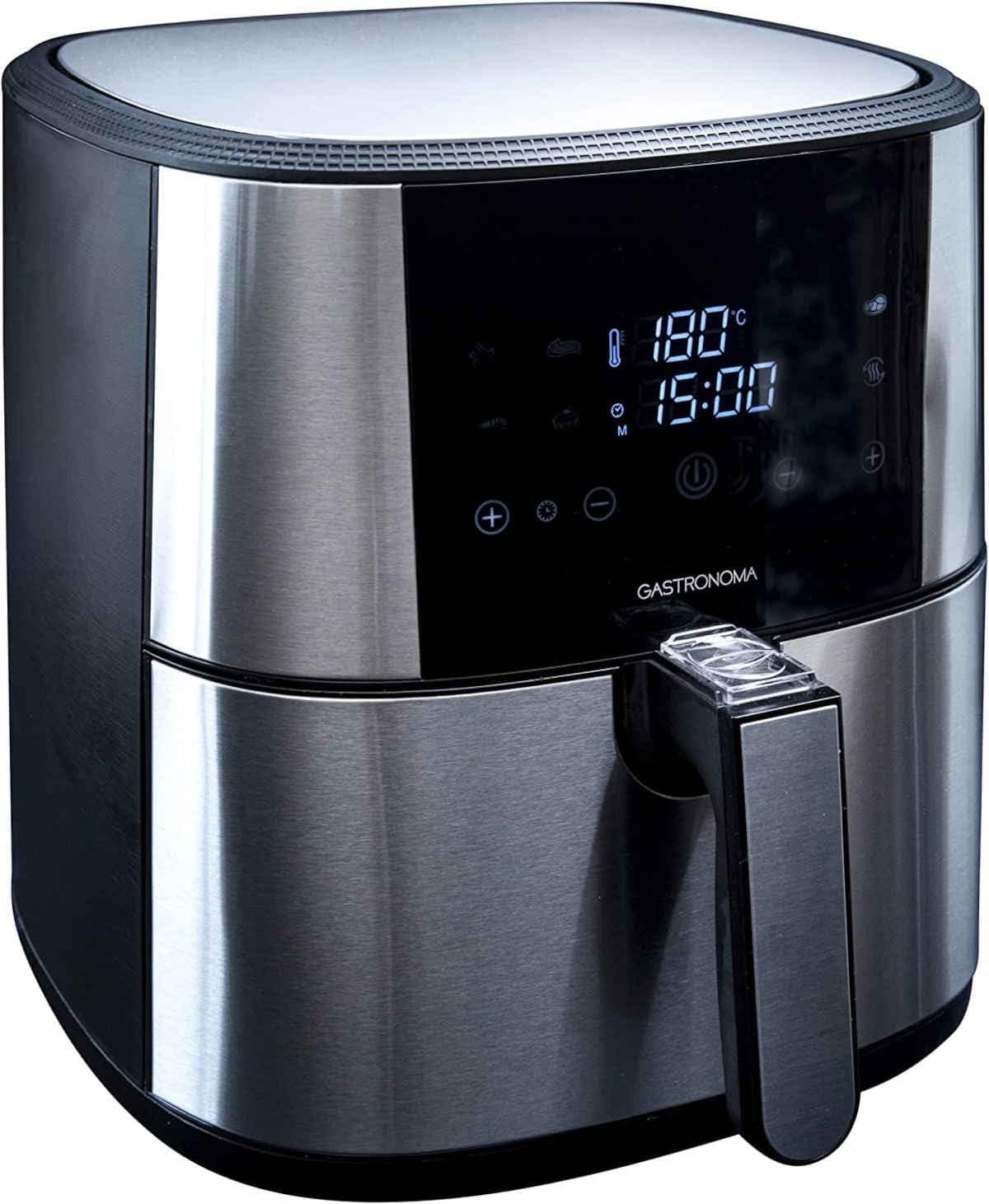 Gastronoma 18290002 Heteluchtfriteuse, 6 liter, XXL, van roestvrij staal, met digitaal led-display, 8 programma's, 1800 watt, heteluchtfriteuse, zonder olie, roestvrij staal, zwart