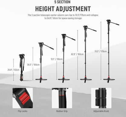 NEEWER GM76 Professionele camera monopod met voeten, 179 cm, telescopisch, draagbaar, aluminium, monopod, zwenkbaar, vloeistofkop en afneembare statiefvoet voor DSLR-camera, maximale belasting 6 kg