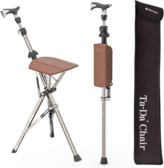Ta-Da Chair PRO – Wandelstok met zitje, ultralicht aluminium frame, opvouwbare kruk (tot 120 kg), inklapbaar ontwerp, ideaal voor reizen en sightseeing, in hoogte verstelbaar– Bruin