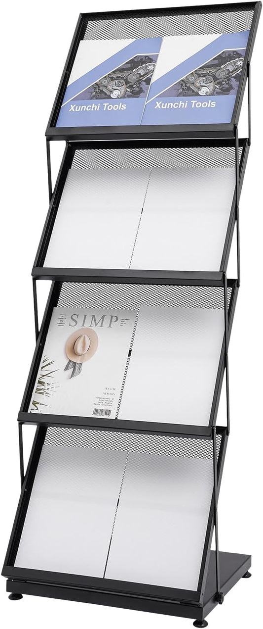 4 Layer A3 Folder Foldable Magazine Stand Display Modern Literature Stand Floor Setup Catalog Racks with Non-Slip Feet for Office Scholarships Schools Black 46 x 37 x 132 - QUORE
