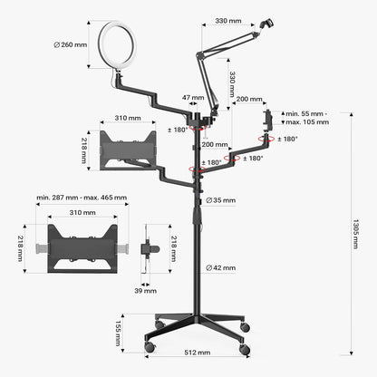 4-In-1 Statief – Camerastatief – Fotostatief – Smartphonehouder – Ringlichtstatief – Op Wielen – Geschikt Voor Schermen 17-32 Inch