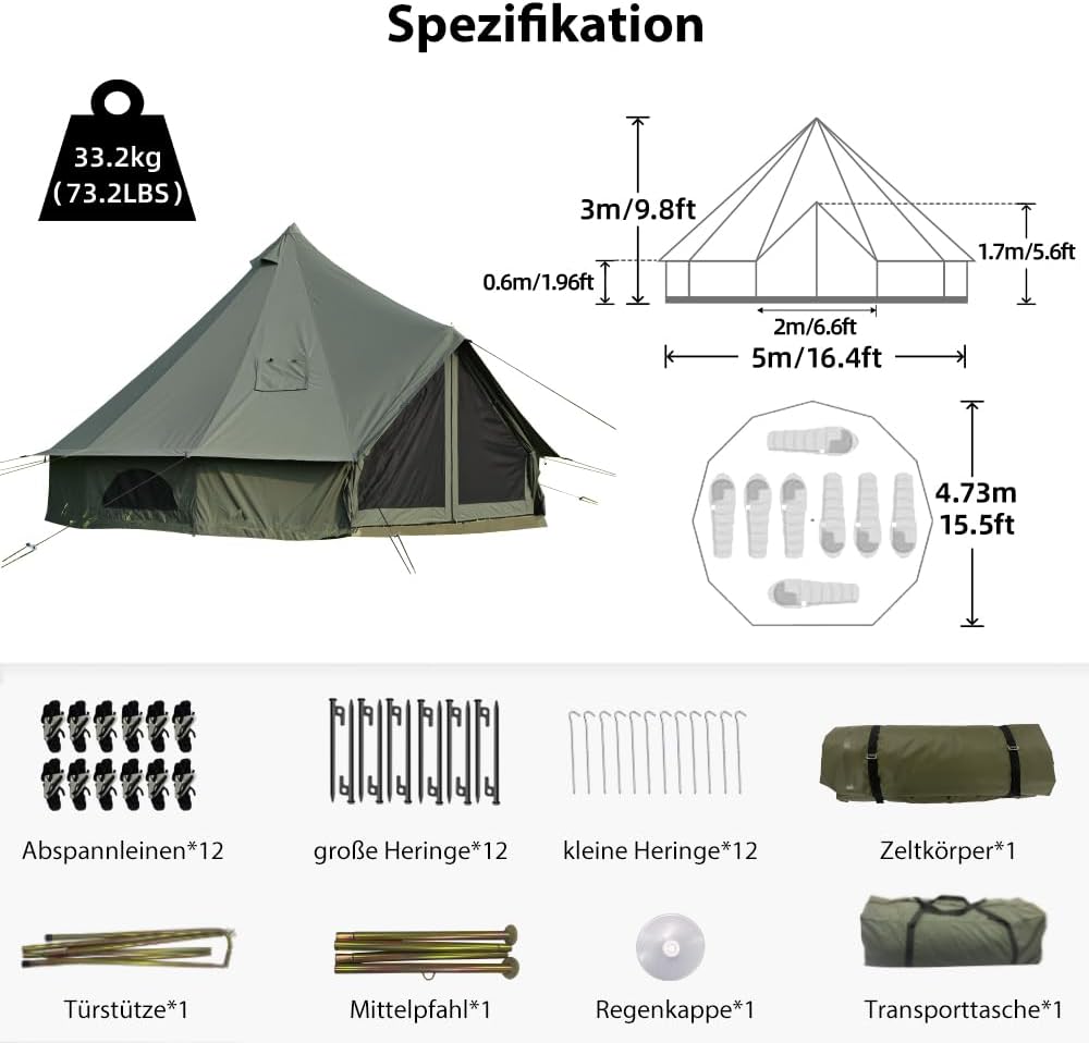 Klokkentent met ovengat, katoen, glampingtent, ruime yurt voor gezinnen, campingtent, familietent, tipi-tent, piramidetent voor groepen, outdoor, camping