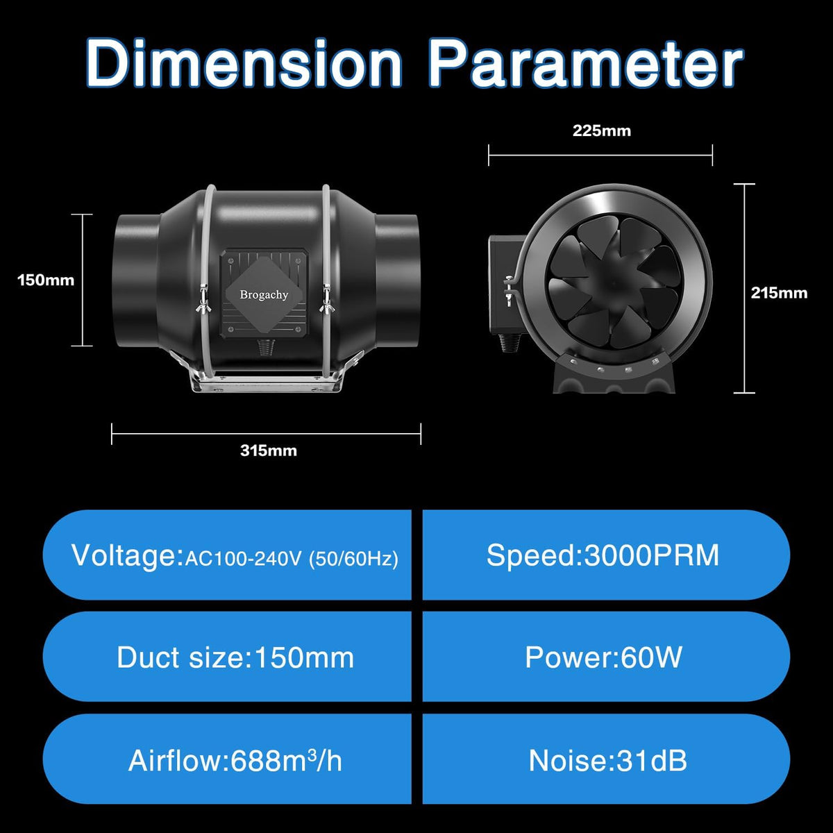 150 mm Kanaalventilator – Afvoerventilator – Buisventilator – Inline Ventilator – Traploos Regelbaar 0-100% – 60W En 689 m³/h, 32 dBA